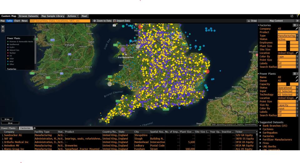 Bloomberg MAP <GO> function showing two datasets – factory locations and power plant locations – layered on a single map of England and Wales