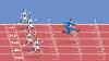 Illustration of man in suit hurdling ahead of robots