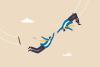 An illustration of trapeze artists in business suits, performing a catch