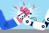 A catoon image of a robot and human arm wrestling