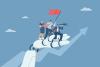 An illustration of a team held aloft by a robot hand