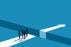 Illustration of figures looking at barrier and arrow