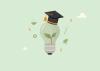 An illustration of a green light bulb, wearing a mortarboard