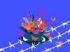 Graphic image of a bouquet of flowers in a graduation cap on top of barbed wire