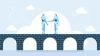 Two robots shake hands on a bridge