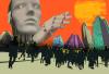 An illustration of a robot towering over a crowd of people and a backdrop of high rises